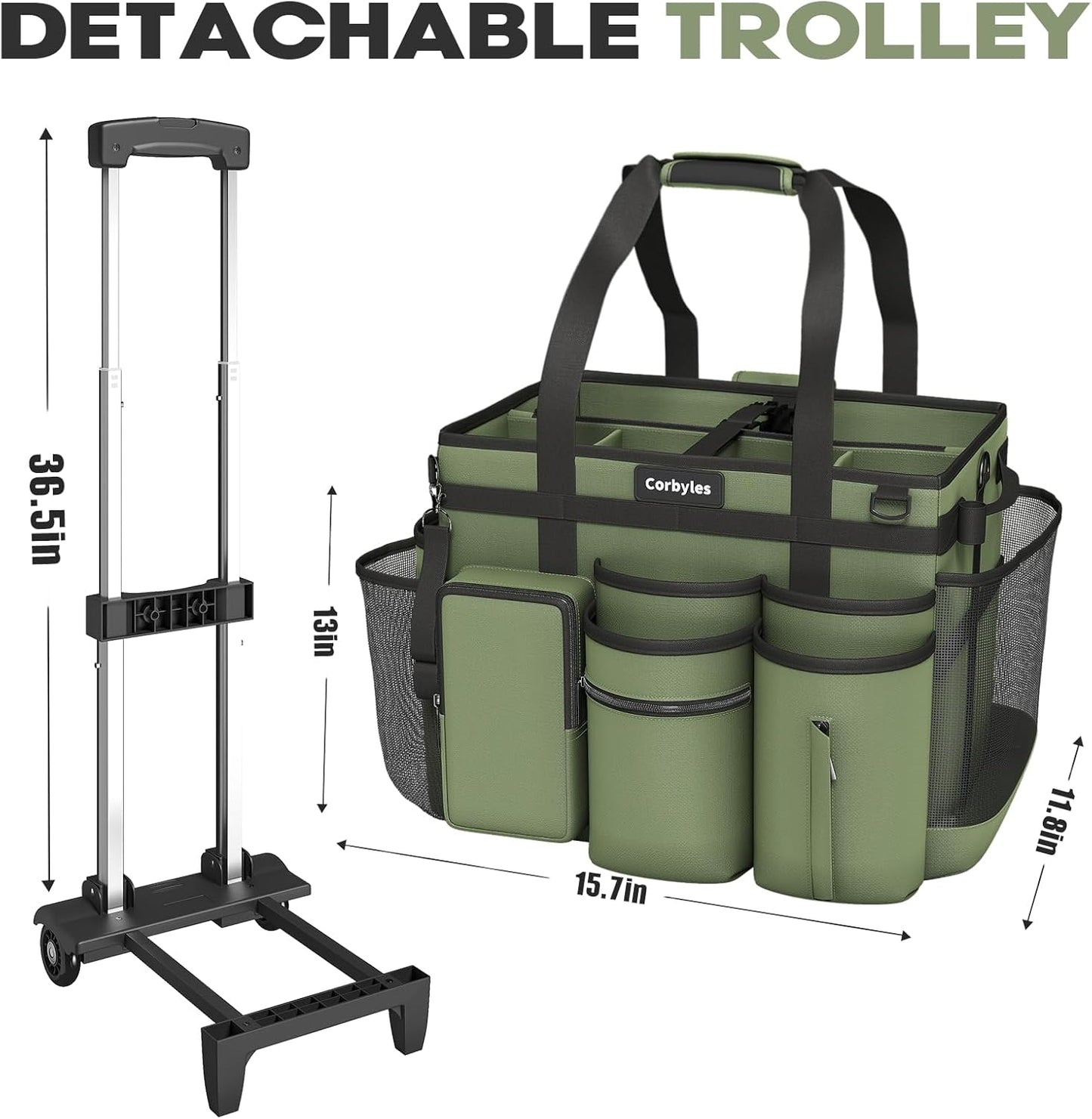 Rolling Cleaning Caddy Bag with Detachable Trolley, Cleaning Supplies Organizer Cart on Wheels, Cleaning Supply Caddy for Housekeepers, Large Professional Detailing Bag Tote for Home, Car (Green)