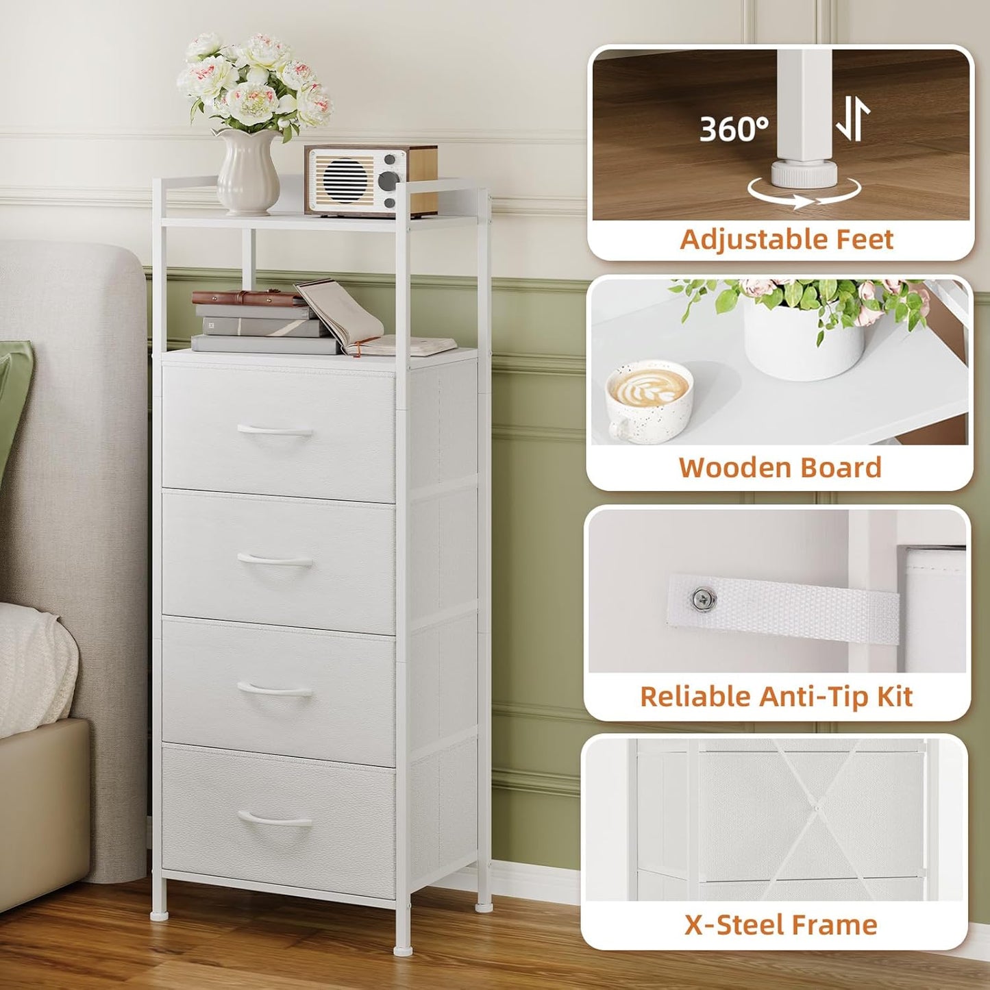 Somdot White Nightstand with 4 Drawers, Vertical Storage Tower Fabric Dresser for Bedroom, Nightstand Bedside Table Furniture, Sturdy Steel Frame, Wooden Top & Easy Pull Fabric Bins