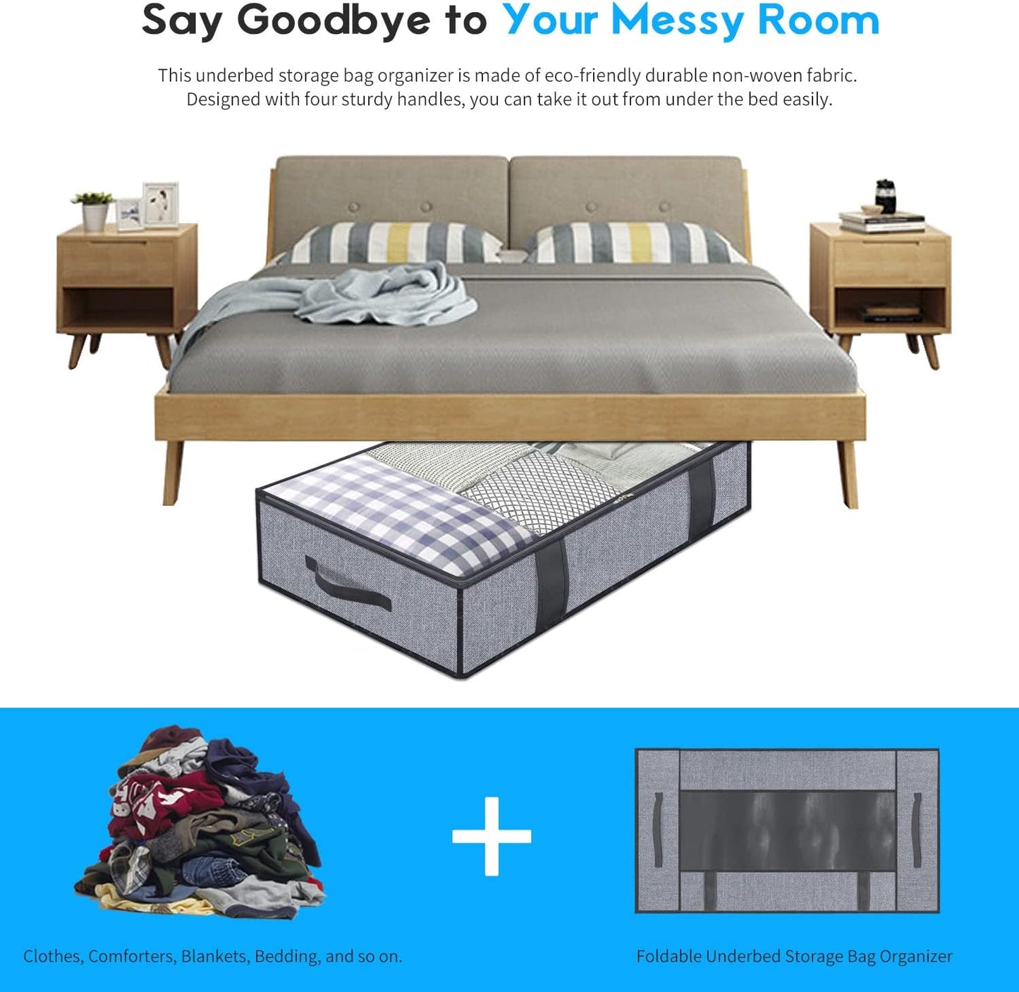 Onlyeasy Foldable Underbed Bags 2 Pack - Blankets Clothes Comforters Storage Bag Breathable Zippered Organizer for Bedroom with Clear Window and 4 Handles, 39.4x19.7x5.9 in, Linen-like Grey, MXDUBBP2
