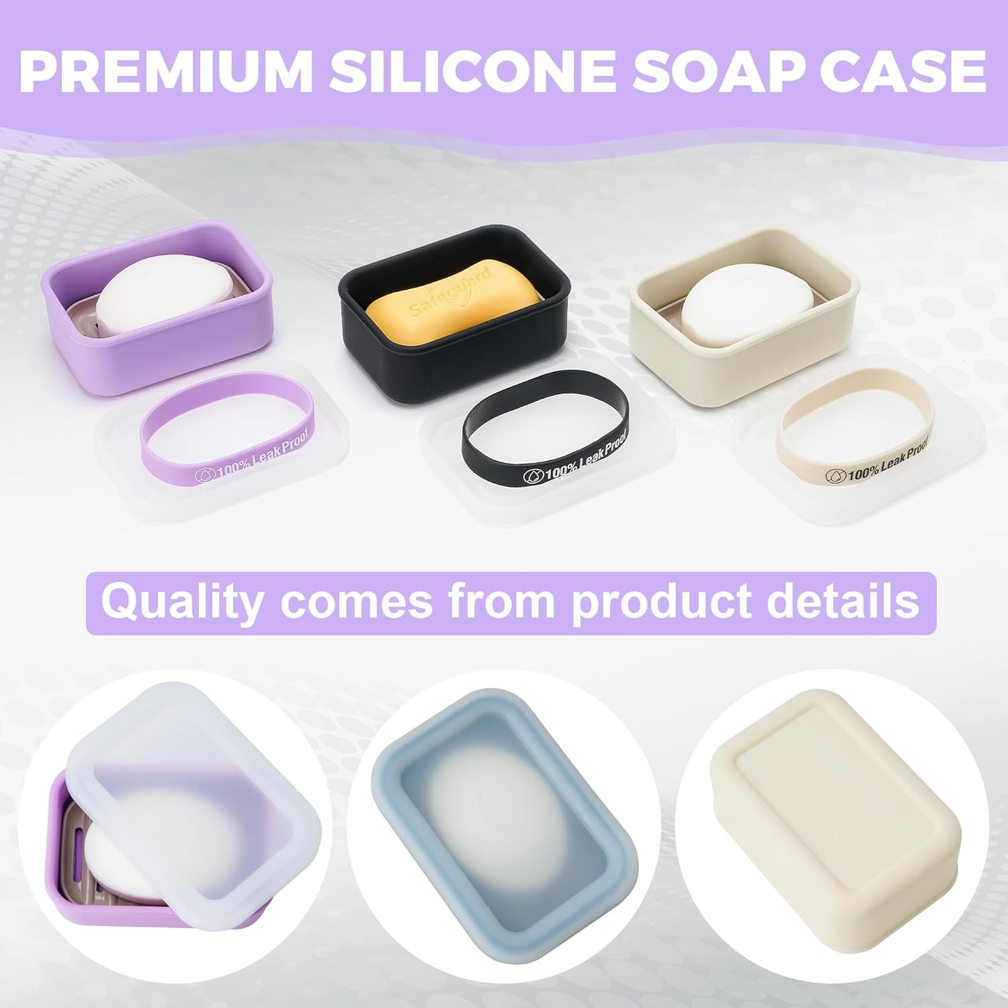 Compact Leakproof Travel Soap Case with Lid & Silicone Strap - Portable Draining Soap Bar Holder for Gym, Bathroom, Camping - Lightweight Silicone Soap Dish Container (Purple)