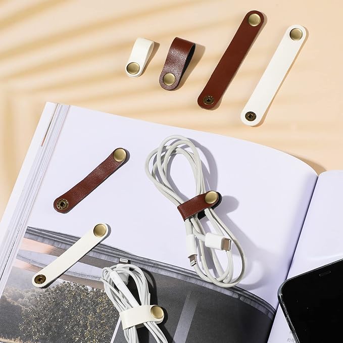 52 Pieces PU Leather Cable Straps, Earbud Cord Organizer, PU Leather Handmade Portable USB Cord Holder, Earphone Cable Tie Cable Management, for Travel, Home, School, Office (Beige, Chestnut Brown)