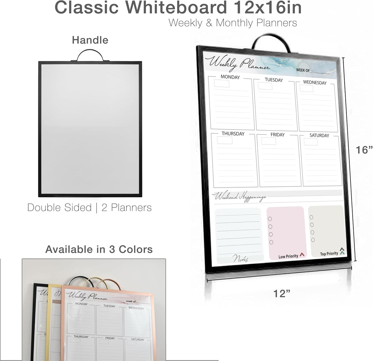 Small Whiteboard 12 x 16 Inch Magnetic Dry Erase Board with Handle | Black Aluminum Frame | Double-Sided Planner Board with Weekly & Monthly Sheets | 3 Markers, Eraser & 2 Magnets