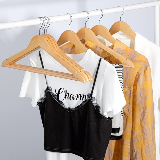TOPIA HANGER Wooden Hangers 30 Pack, Natural Wood Clothes Hangers, Durable Coat Hanger with 360-Degree Rotatable Hook, Non-Slip Pants Bar and Shoulder Notches for Camisole Tops-CT34N30