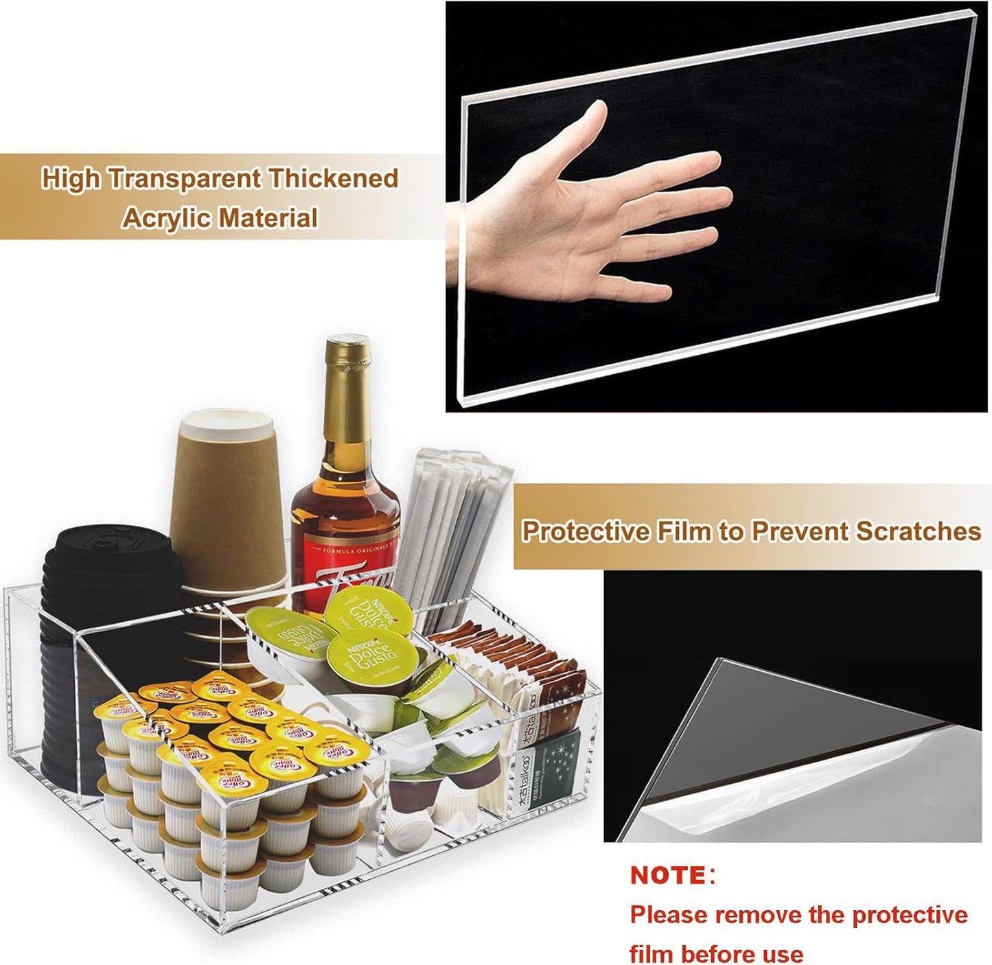 Tirifer Acrylic Coffee Bar Station Organizer for Countertop, Condiment Service Organizer Coffee Pods Storage Caddy Creamer Snack Tea Cup Supplies Holder for Home Office and Breakroom(Clear)