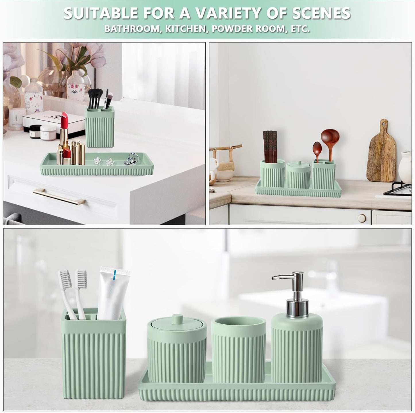 Resin Light Green Bathroom Accessories Set 5 Pcs, Lotion Soap Dispenser, Toothbrush Holder, Bathroom Tumbler, Qtip Holder and Vanity Tray, Bathroom Countertop Organizer Set for Modern Apartment