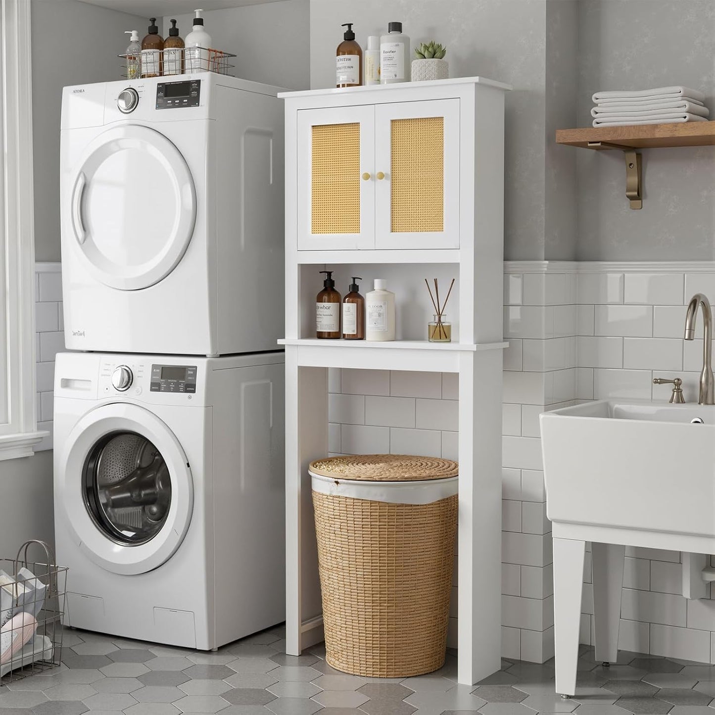 Over The Toilet Storage Cabinet, Behind Toilet Bathroom Organizer with Adjustable Shelves, Above Toilet Organizers with Barn Door, Space Saver for Restroom, Bathroom, Laundry