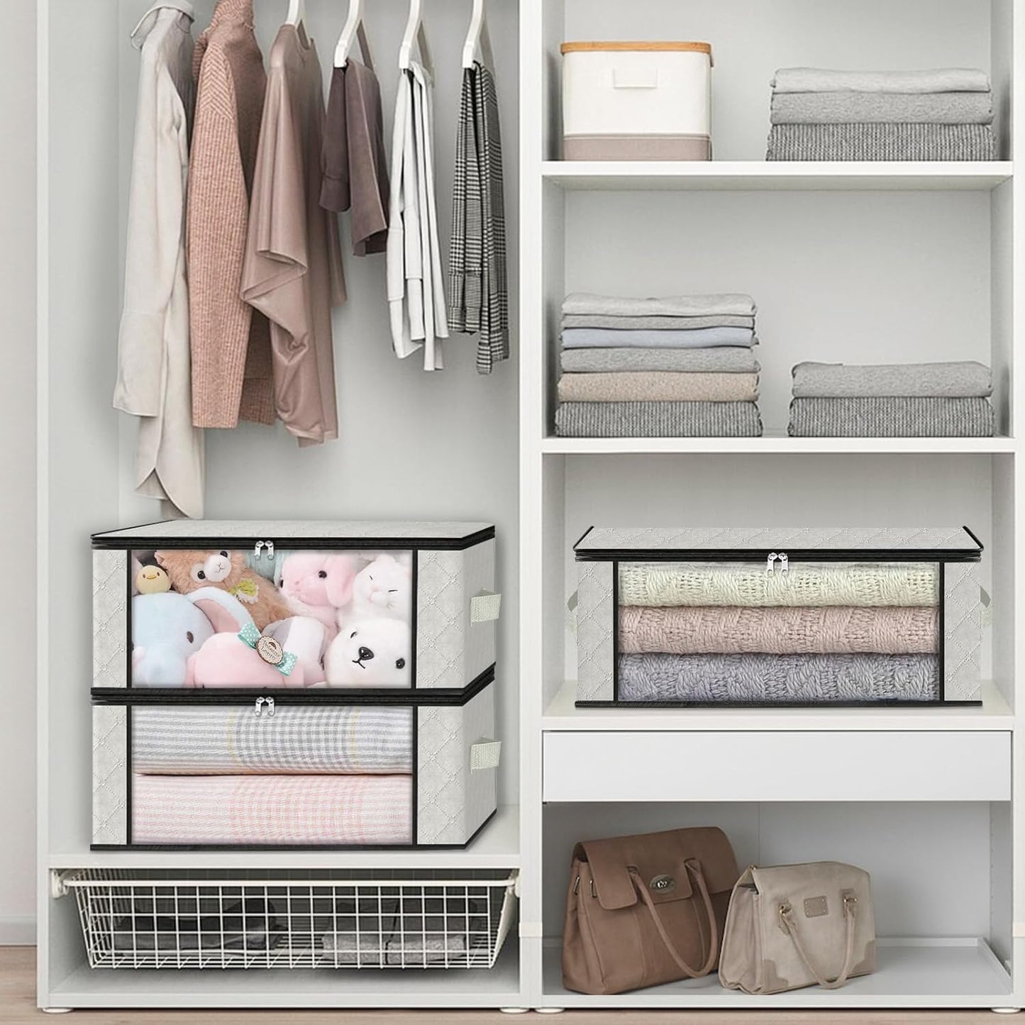 HomeHacks Storage 3-Pack Clothes Organizer Storage Bags Foldable Storage Box with Large Clear Window Sturdy Handles for Closet, Dorm, Pillows, Bedding, Clothes, Blankets, 35L, Ivory