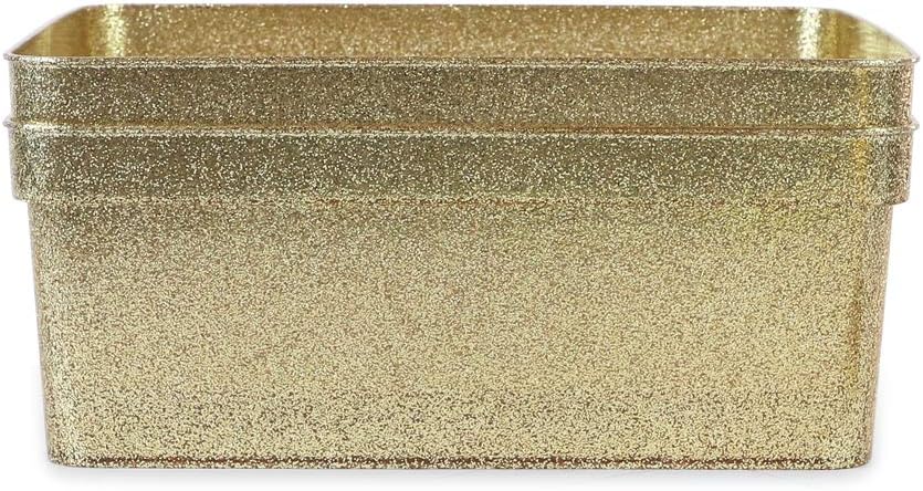 Isaac Jacobs Medium Glitter Storage Bin (14” x 11.5” x 5.5”) Set w/Cut-Out Handles, Plastic Organizer, Multi-Functional, Home Storage Solution, Kids Playroom, Bedroom, Closet (2, Gold)