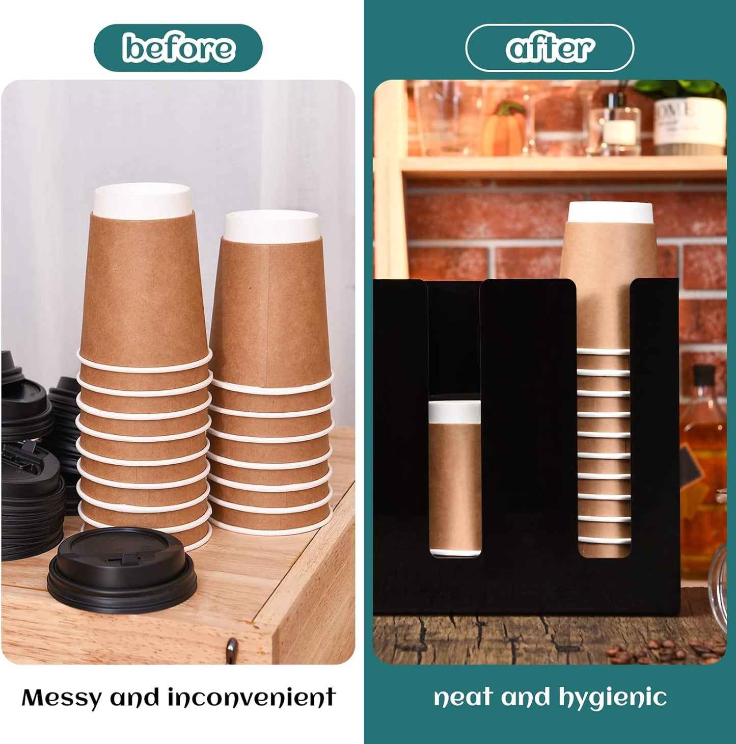 3 Compartments Acrylic Coffee Cup Dispenser Organizer Paper Cup Lid Sleeve Holder Organizer Coffee Shop Supplies Holder Storage for Counter Wall(Black)