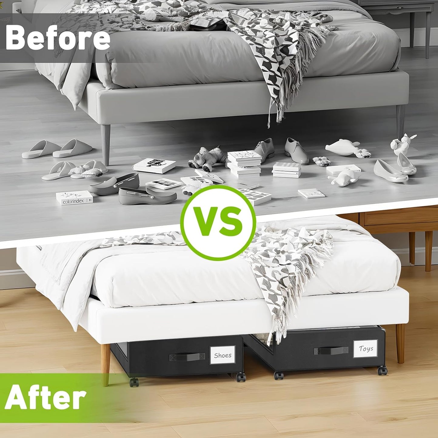 Under Bed Storage with Wheels, 2-Pack Underbed Storage Containers with Clear Lids, Under Bed Shoe Storage Organizer, Rolling Under the Bed Storage Bins for Clothes Shoes Blankets (Black)