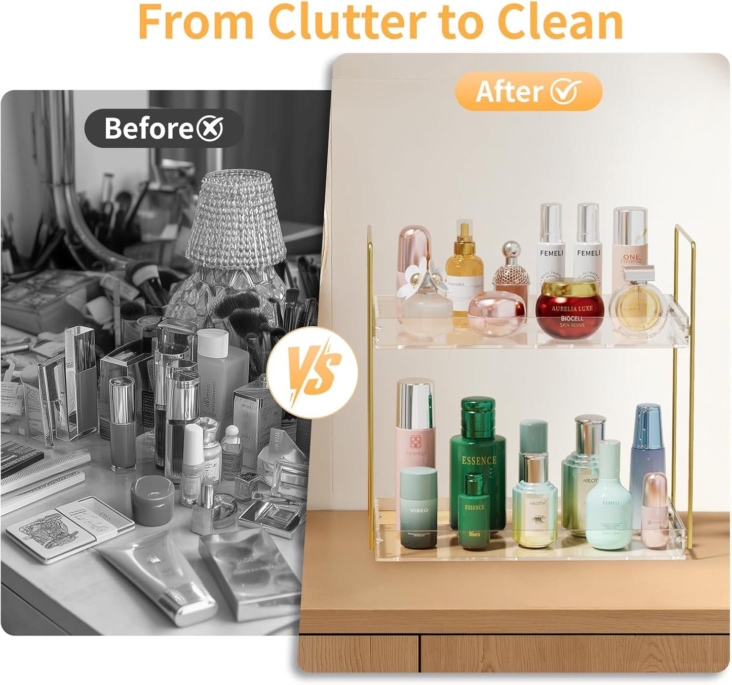 Bathroom Countertop Organizer, 2 Tier Acrylic Tray Vanity Counter Skincare Organizer Shelf, Kitchen Under Sink Standing Rack, Home Storage Holder for Lotion Makeup Cosmetics Perfume Spice, Gold