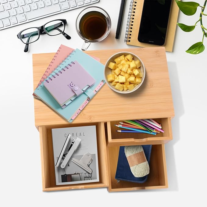 Bamboo Desk Organizer with Drawers Makeup Storage Drawer 3 Drawers Tabletop Storage Organization Desktop Drawers for Countertop Home Office Workspace Bathroom Toiletries Supplies
