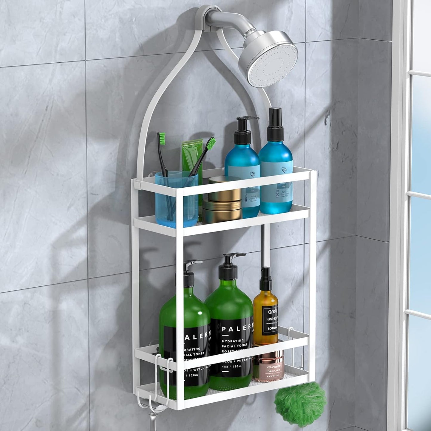Meangood Shower Caddy 10.4" x 4.5" x 22.04" Hanging Shower Caddy Organizer Over Shower Head Big Capacity for Shampoo, Conditioner with Hooks for Razor/Sponge, White