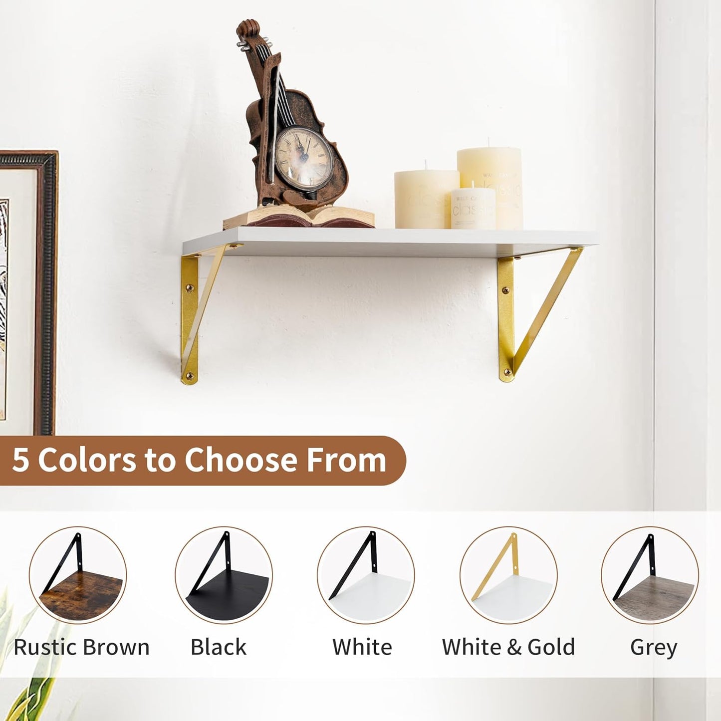 Axeman Deep Floating Shelves for Wall, 12 Inch Deep White and Gold Shelves Set of 2, 16W x 12D White Wood Wall Shelves with Golden Brackets for Bedroom Bathroom Living Room Kitchen - White & Gold