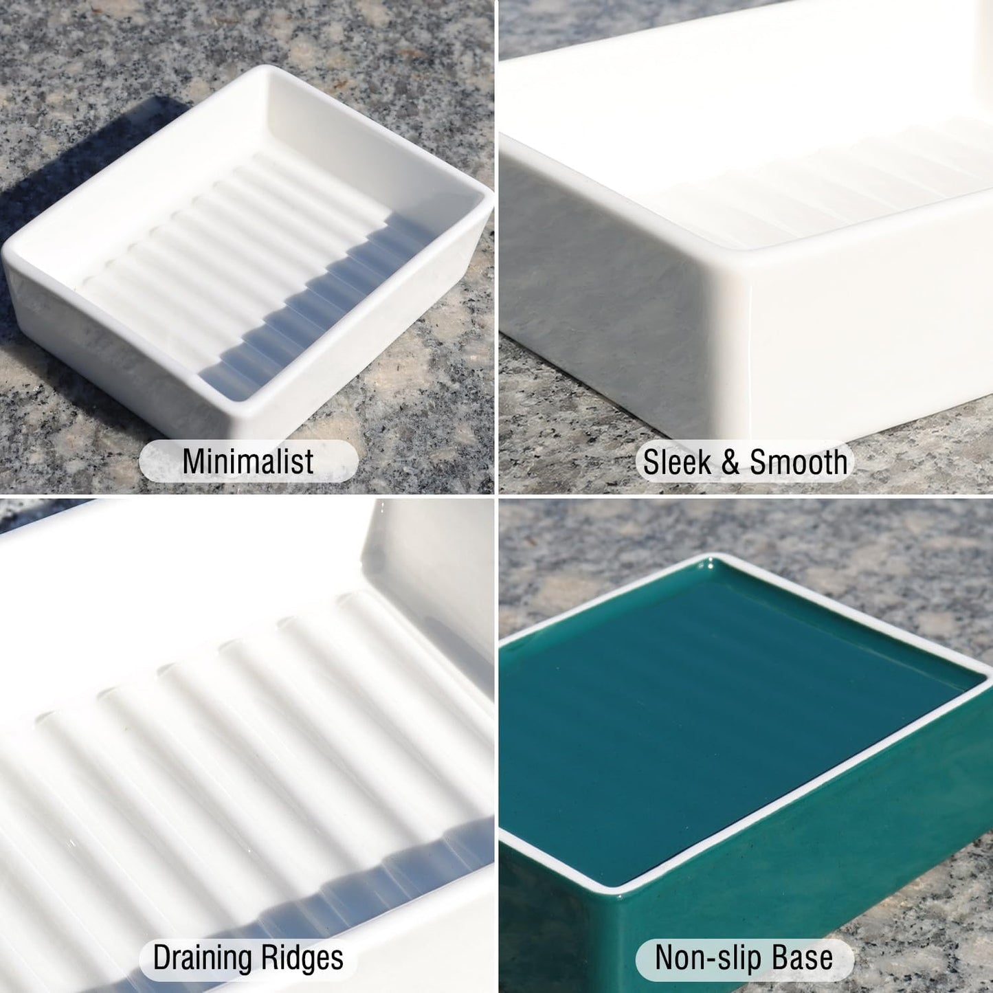 Minimalist Ceramic Soap Dish, White Soap Dish with Higher Draining Ridges, Decorative Soap Holder, Multi-Purpose Bar Soap Holder for Bathroom Sink, Shower, Kitchen, Easy to Clean