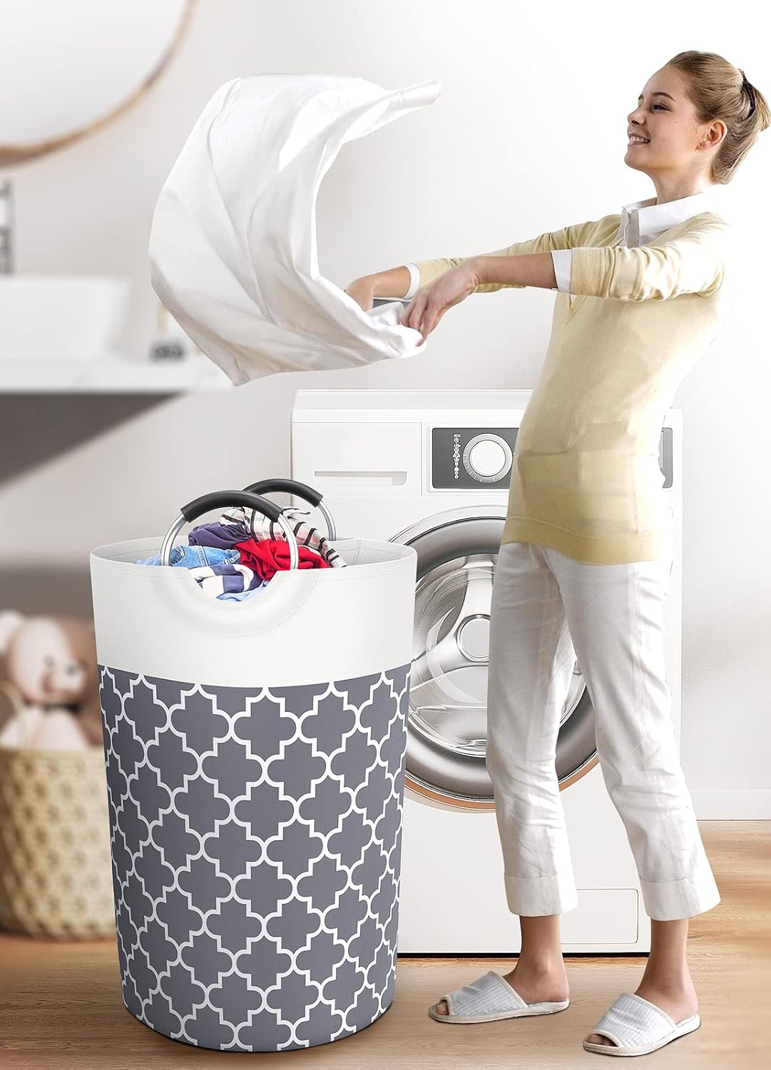 Large Laundry Basket Laundry Hamper Bag Washing Bin Clothes Bag Collapsible Tall With Handles Waterproof Travel Bathroom College Essentials Storage For College Dorm, Family (Grey)115L