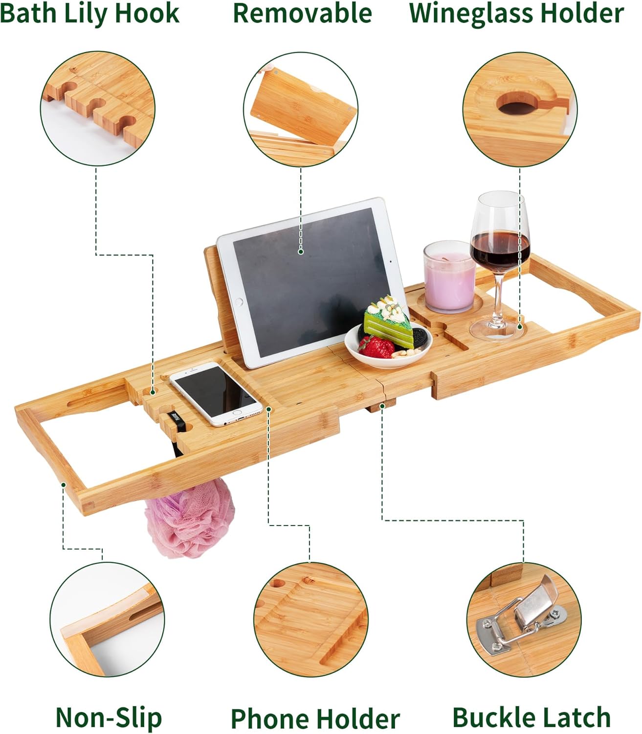 Utoplike Bamboo Bathtub Caddy Tray Bath Tray for Tub, Adjustable Bathroom Bathtub Organizer with Book Tablet Wine Glass Cup Towel Holder (24.5"-37.4")