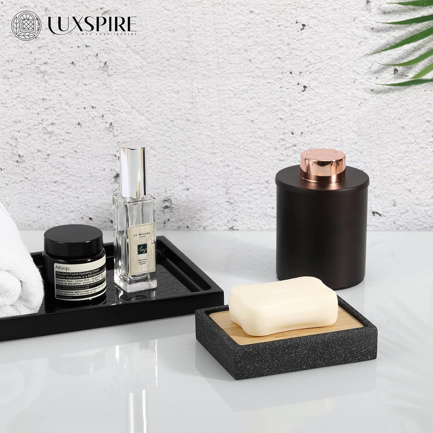 Luxspire Bamboo Soap Dish, Resin Soap Holder with Drainage, Wooden Soap Dish for Shower, Bathroom, Sink, Kitchen and Countertop, Gravel Black