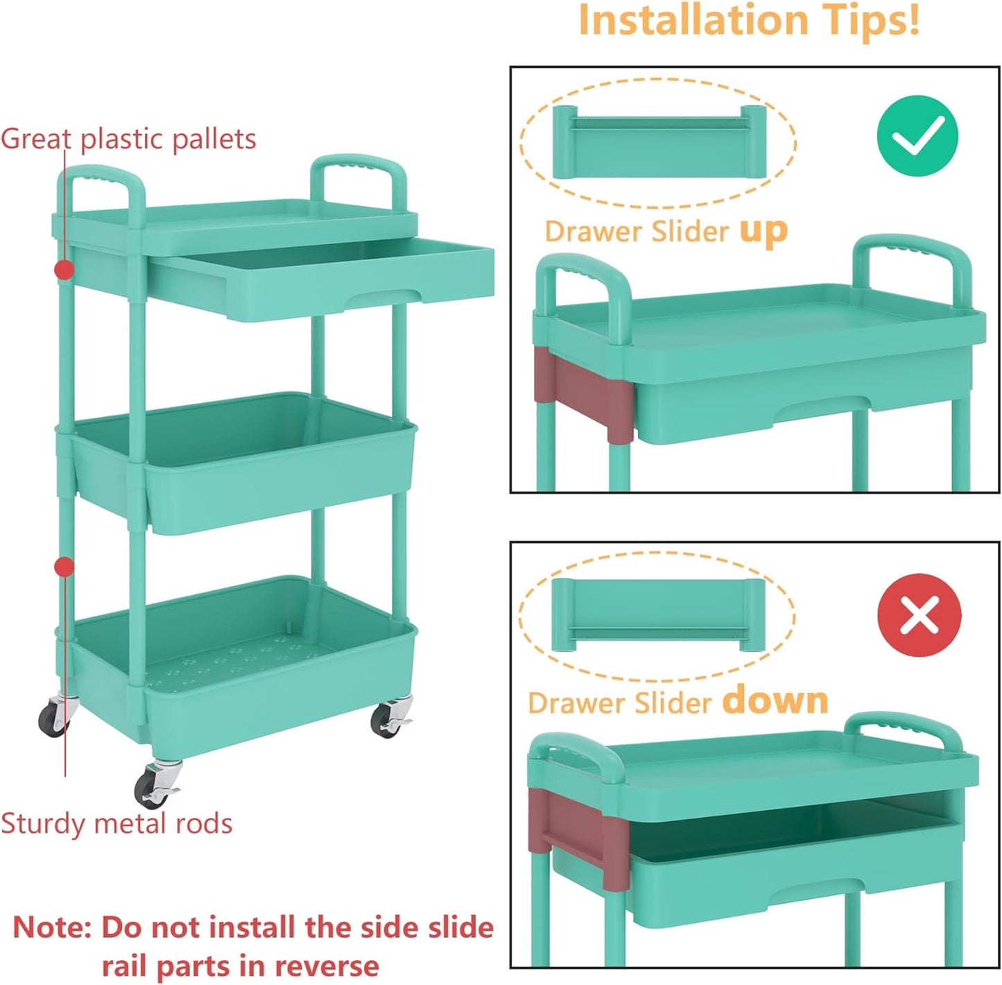 Calmootey 3-Tier Rolling Utility Cart with Drawer,Multifunctional Storage Organizer with Plastic Shelf & Metal Wheel,Storage Cart for Kitchen,Bathroom,Living Room,Office,Green