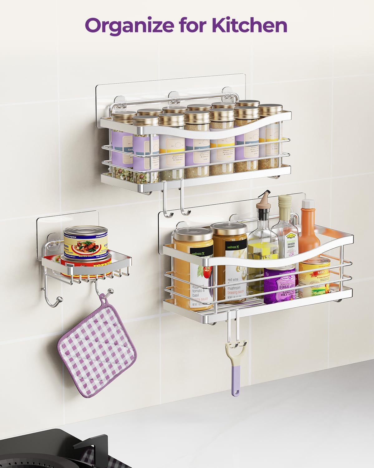ODesign Shower Caddy 3 Pack-Shower Organizer Shelves Rack Rustproof SUS304 Stainless Steel for Bathroom Storage&Kitchen-No Drilling Adhesive Shower Caddy Shelf Dorm Room Essentials-Silver