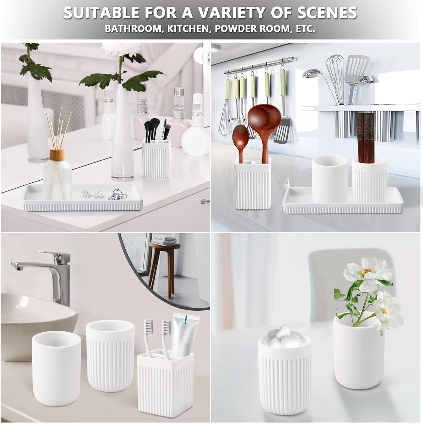 Resin Bathroom Toothbrush Holder Set, Matte White Bathroom Accessories Set 4 Pcs, Bathroom Tumbler Cup Tooth Brushing Cup Set with Tray, for Sink Countertop Modern Home Decor