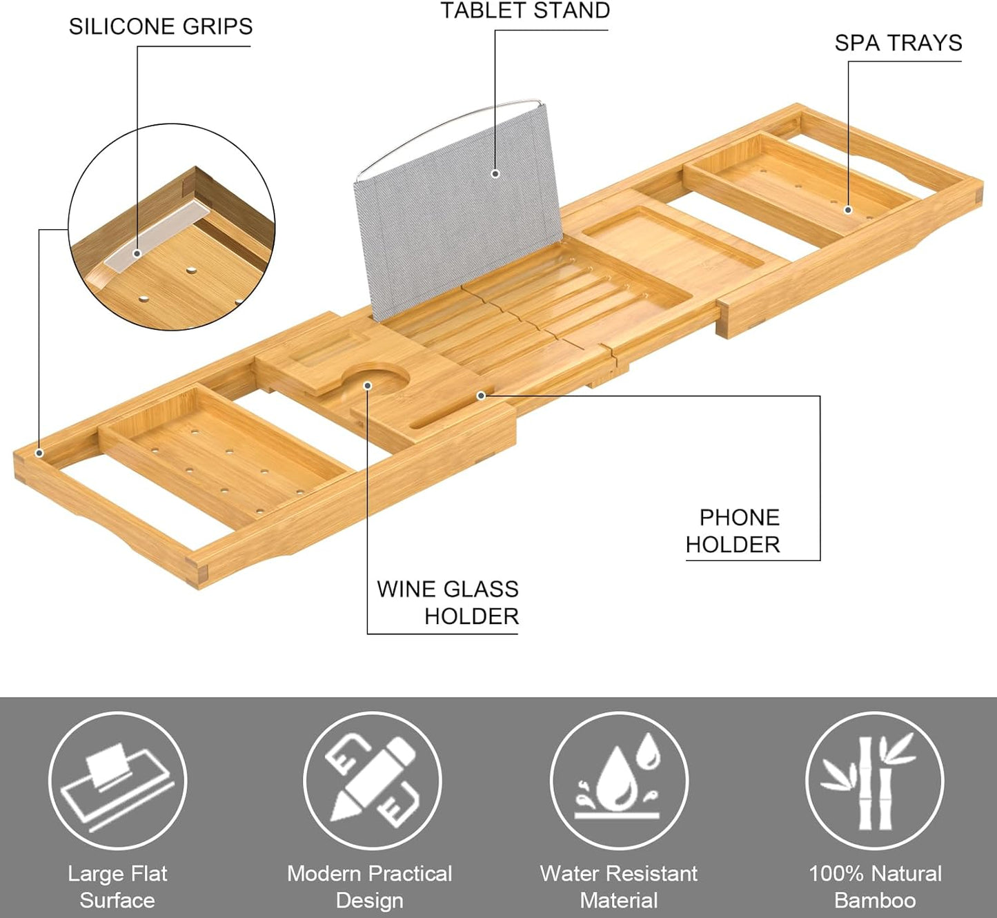 Bathtub Tray Caddy, Expandable Bath Trays for Tub, Bamboo Shelf & Table with Wine Glass Holder,Bathroom Accessories for New Home & Mothers Day & Birthday Gifts for Mom