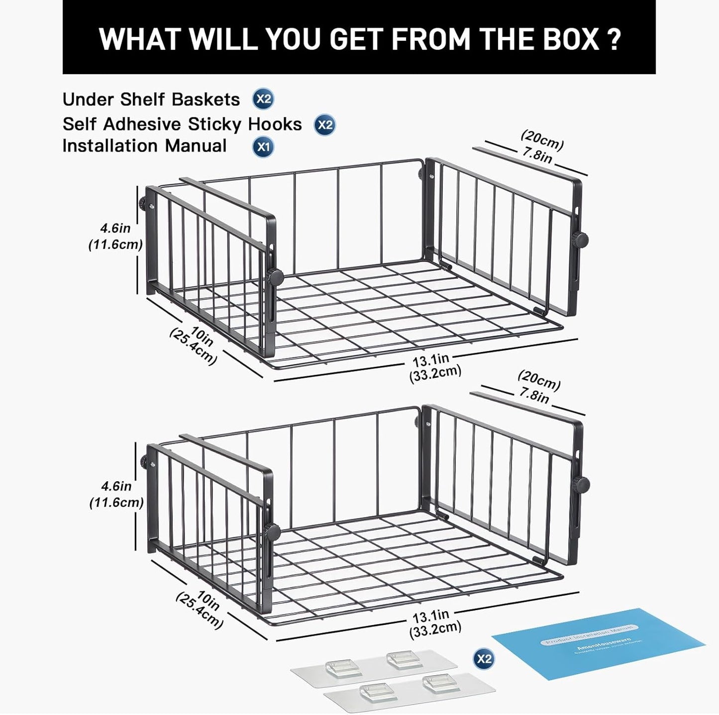 2 Pack Hanging Under Shelf Storage Basket,Adjustable Under Cabinet Add-on Storage Racks Slide-in Baskets Organizer for Laundry Room Kitchen Pantry Desk Bookshelf, Black