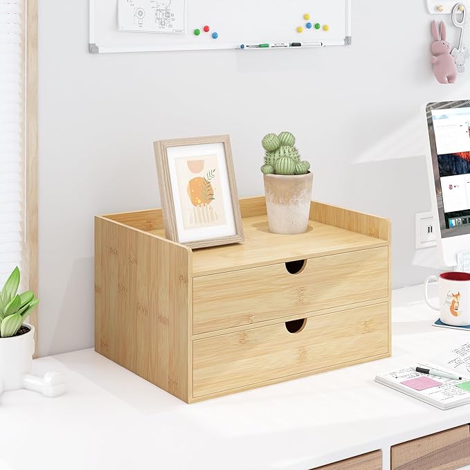 Bamboo Desk Drawer Organizer, Large Desktop Organizer with Drawers Tabletop Storage Organization Box for Office Home Toiletries Supplies Vanity, No Assembly Required (2 Drawer with Shelf)