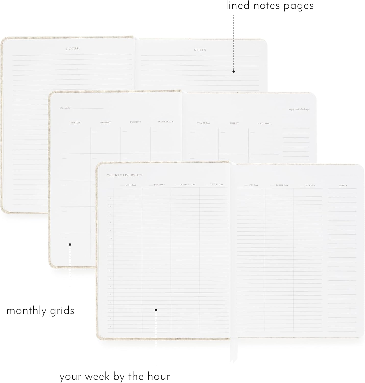 Sugar Paper Undated Weekly Planner, Fabric Bound Hardcover, 7" x 9", 3 Months, Flax