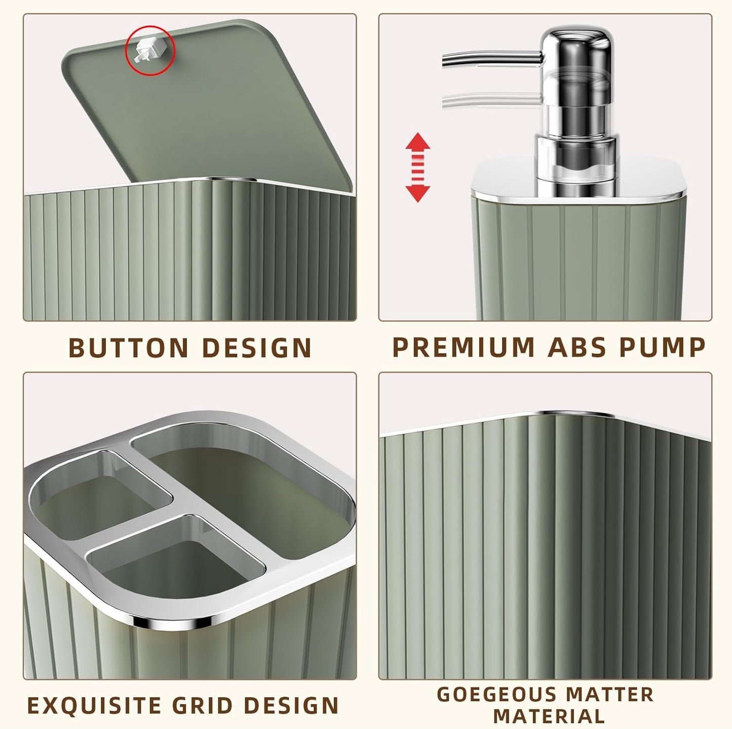 Bathroom Accessories Set - Gorgeous Sage Green Bathroom Set, 10PC Bathroom Accessory Set, Toilet Brush, Trash Can, Qtip Holder Dispenser & Soap Dispenser