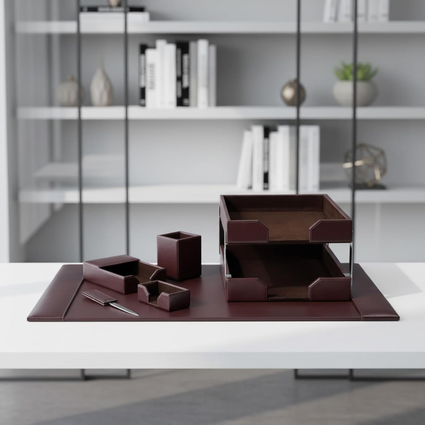 Dacasso Bonded Leather Desk Set - Luxury Leather Desk Pad & Desk Organization Essentials - Office Organization & Executive Desk Decor - (Dark Brown, 8 Piece)