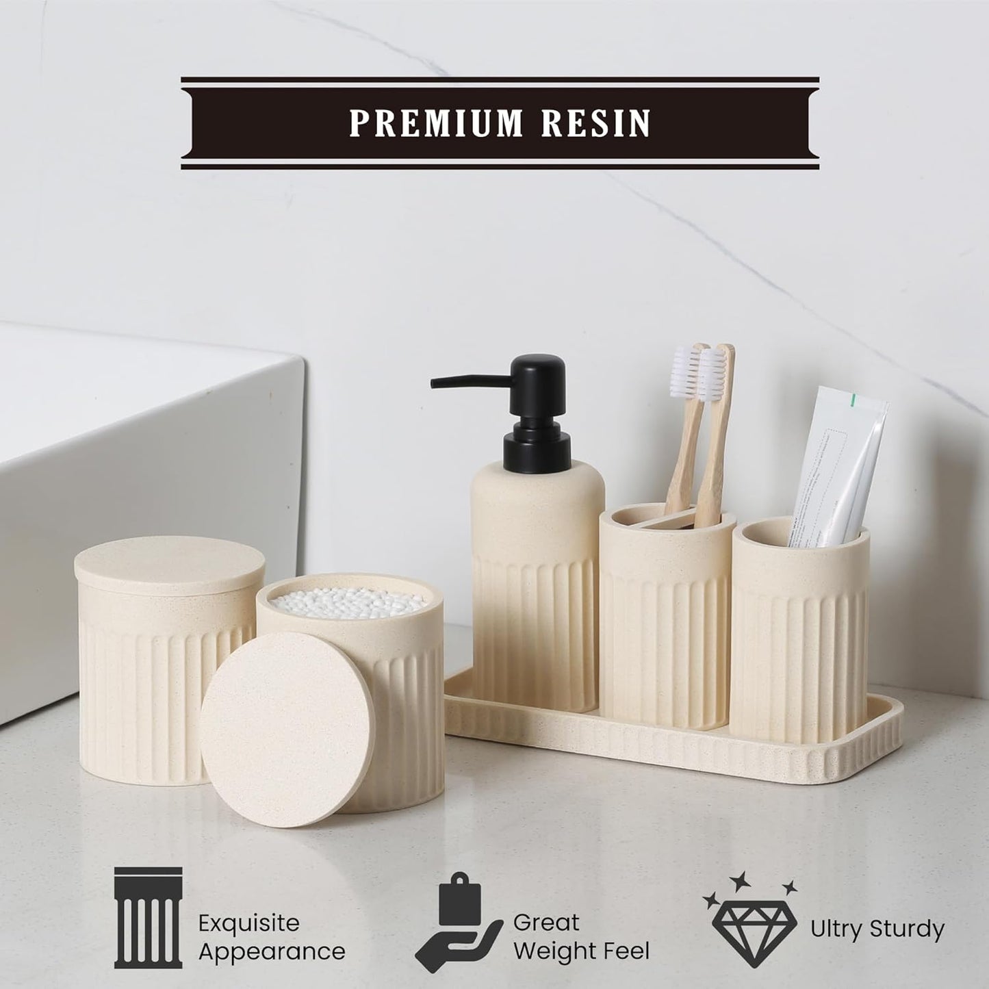 Bathroom Accessory Set - 6 Pieces Bathroom Accessories Set Complete with Soap Dispenser, Toothbrush Holders, Tumbler, Vanity Tray and 2 Qtip Holder for Home Organizer and Decor, Beige