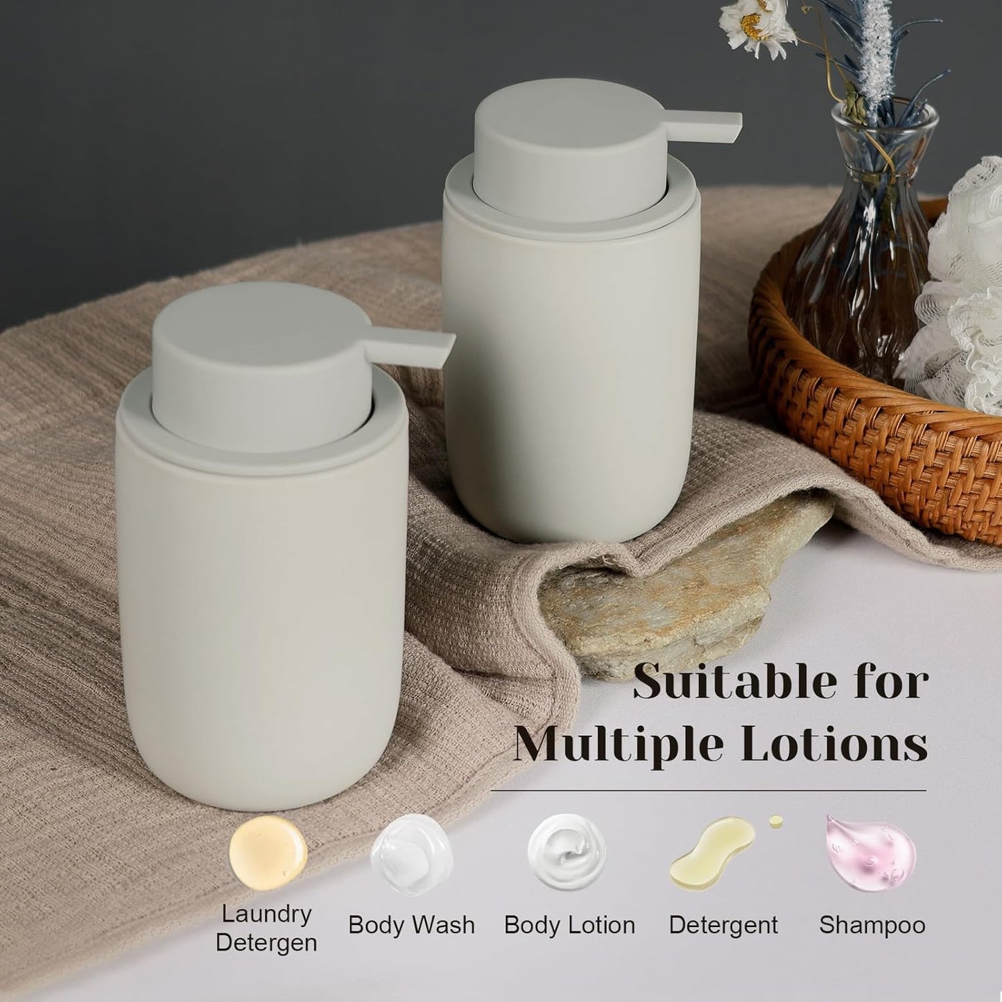 INGOFIN Ceramic Foaming Soap Dispenser Set, 2 Pack (12 oz) Bathroom Foam Hand Soap Dispenser with Pump, Hand and Dish Dispenser Set with 8 Pcs Clear Stickers,for Kitchen- Grey