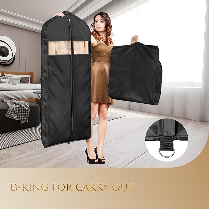 Univivi Super Soft Satin Garment Bags for Hanging Clothes, 60 Inch Zippered Dress Cover with Gussets, Breathable & Non-smell for Dresses, Coats, Jackets, Shirts, 2 Pack - Black