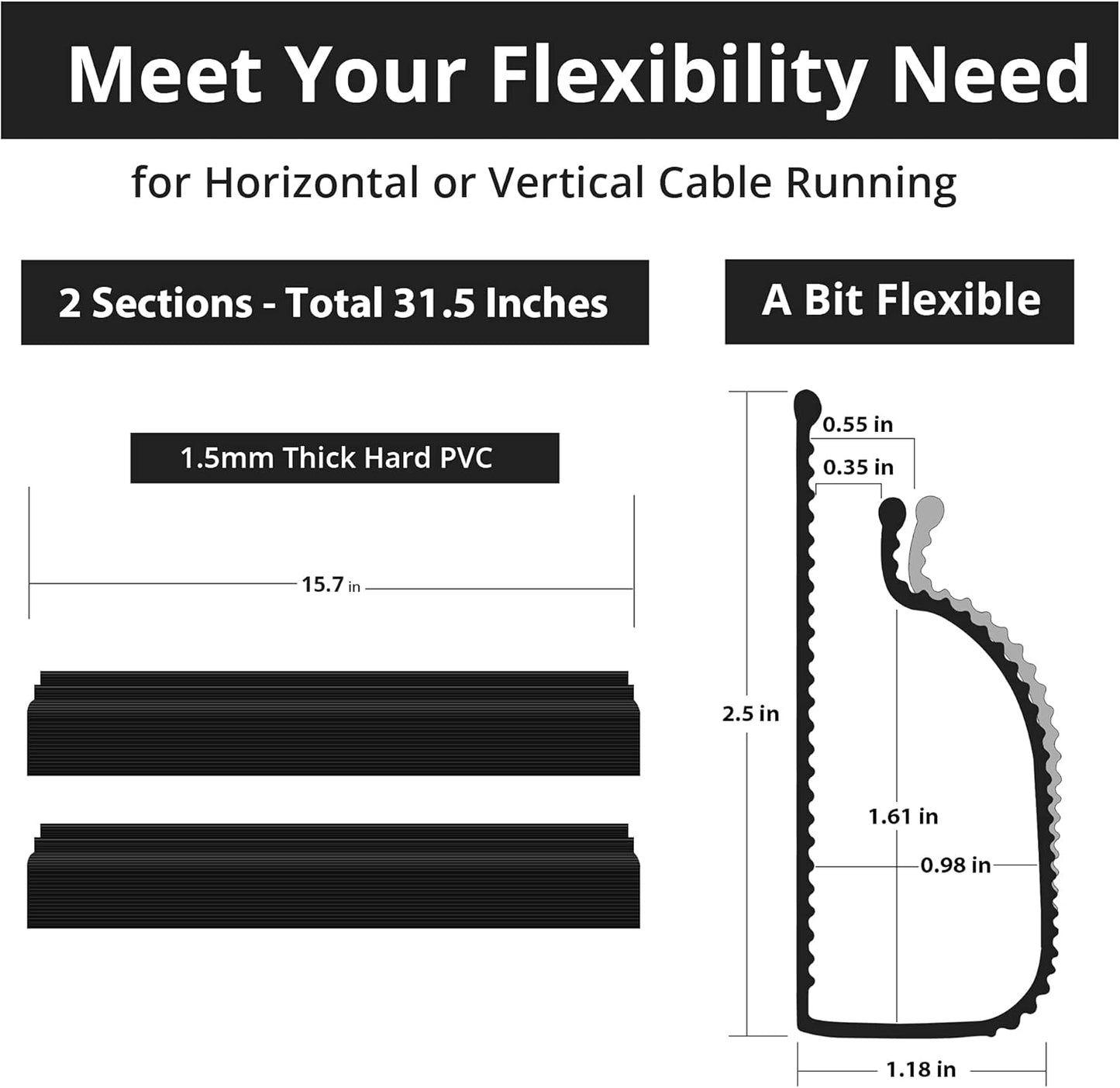 Cable Management Under Desk (31.5in J Channel 2x15.7in) Self Adhesive Cable Raceways Channel, Easy to Install Cord Cover Hider Desk Cord Organizer Electrical Black