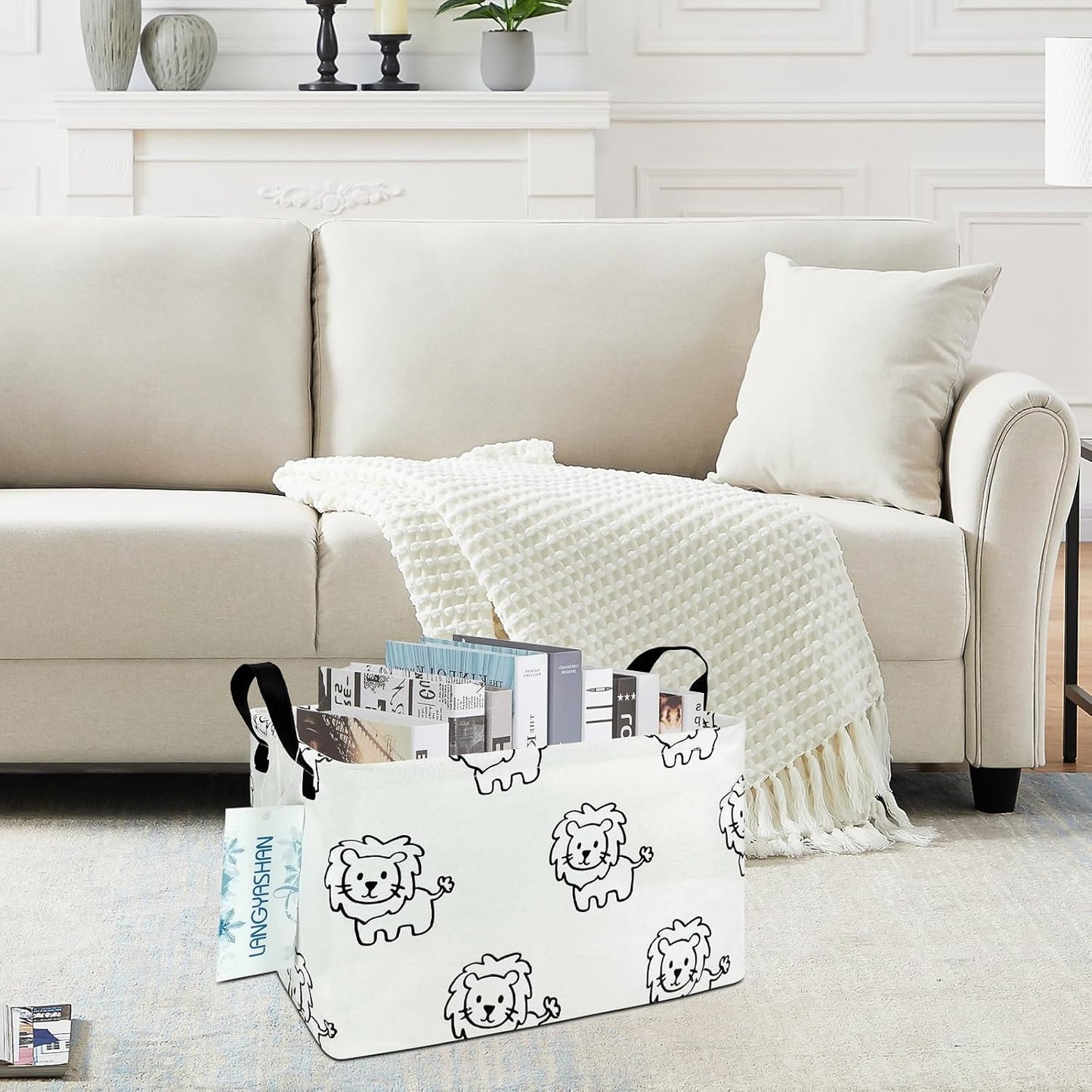 LANGYASHAN Rectangular Storage Bin Collapse Canvas Fabric Cartoon Storage Basket with Handles for Organizing Home Kitchen Boys and Girls Toys Office Closet Shelf Baskets (Rec lion)