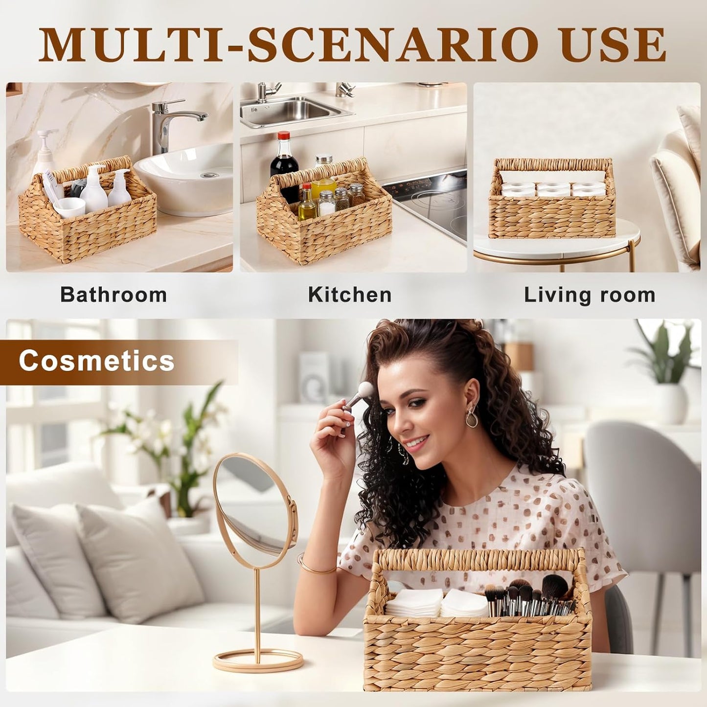 Portable Shower Caddy with Handle Rattan Woven Cleaning Caddy Organizer Water Hyacinth Shower Basket for Bathroom Kitchen Bedroom Storage, Dorm Room Essentials