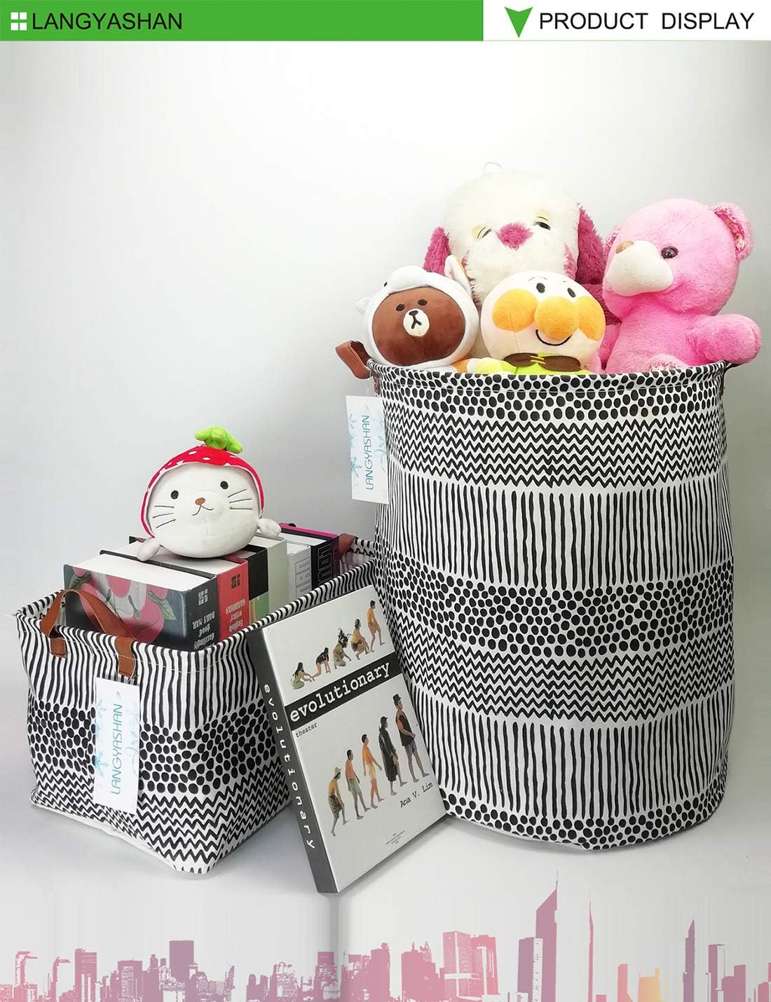 LANGYASHAN Rectangular Storage Bin Collapse Canvas Fabric Cartoon Storage Basket with Handles for Organizing Home Kitchen Boys and Girls Toys Office Closet Shelf Baskets (Rec Black line)
