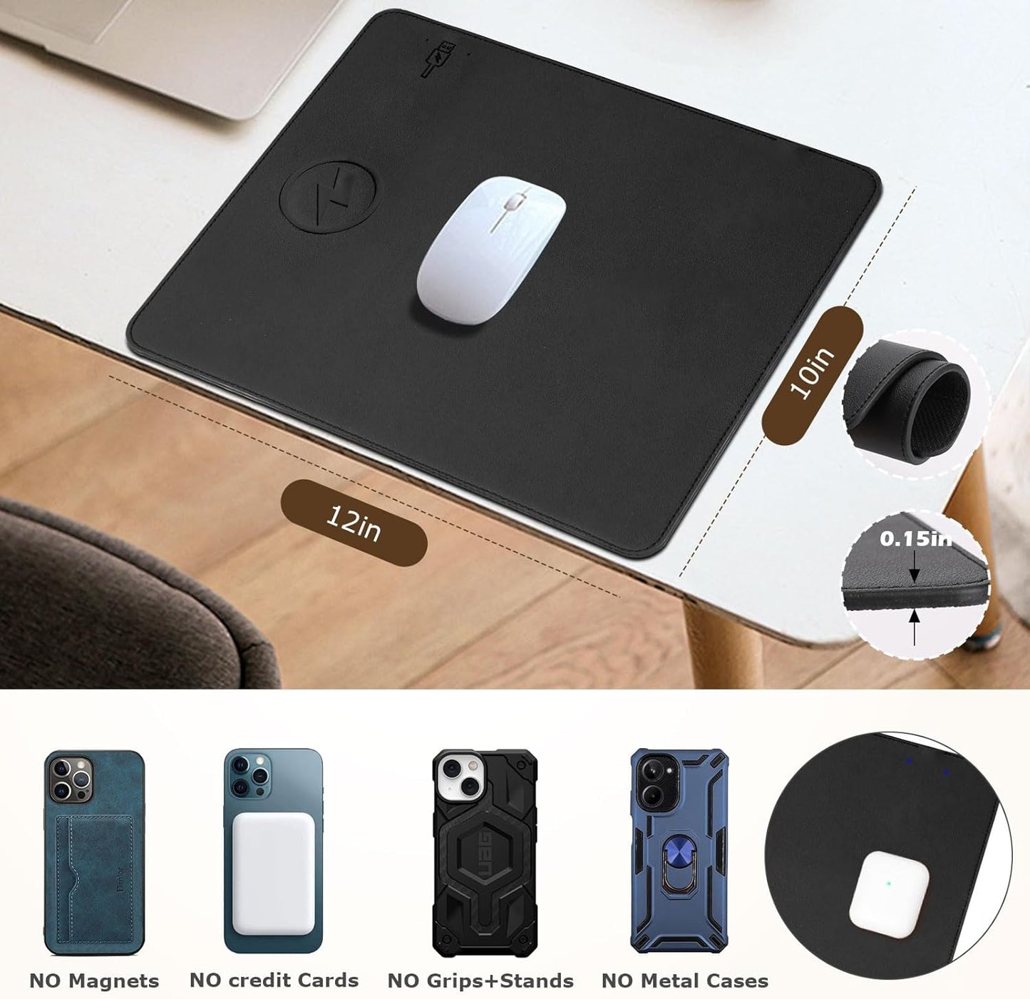 Wireless Charging Mouse Pad Firelison 2 in 1 Leather Multifunctional Office Desk Pad with Non-Slip Rubber Base, Waterproof Desk pad for Computers/Office/Work/Home/Decor( 12" x 10"Black - L)
