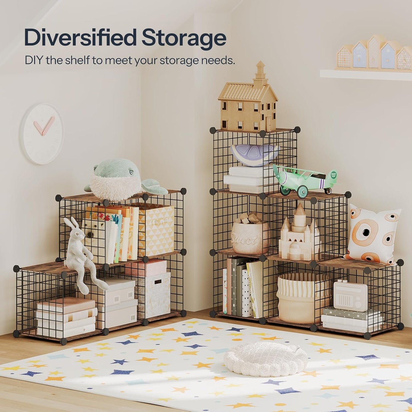 HOOBRO Cube Storage Organizer, 6-Cube Metal Grid Storage Shelf, Modular Cabinet, DIY Cube Storage Organizer, for Living Room, Bedroom, Study, Rustic Brown and Black BF06CW01