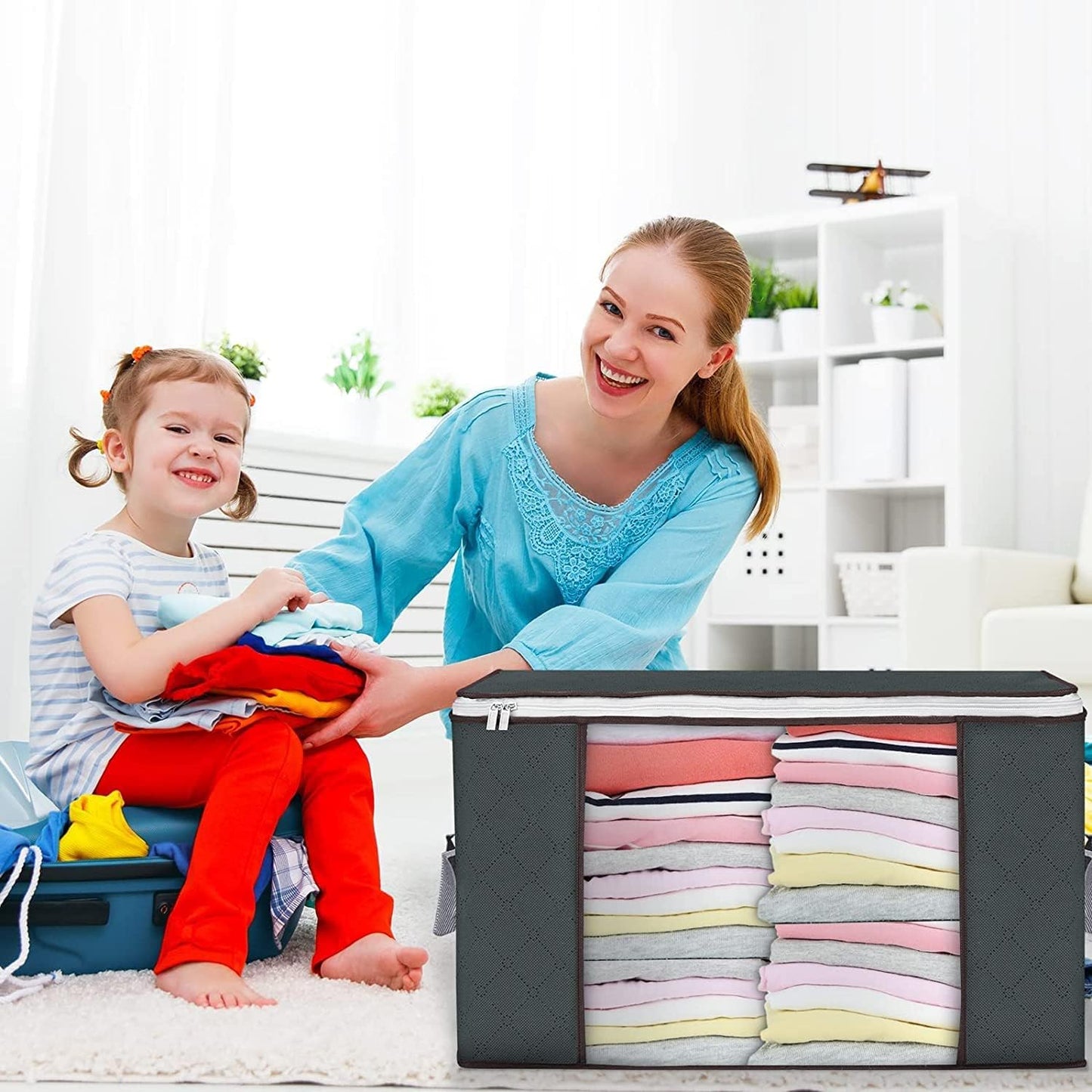 Large Storage Bags, 8 Pack Clothes Storage Bins Foldable Closet Organizers Storage Containers with Durable Handles Thick Fabric for Blanket Comforter Clothing Bedding 90 L (Gray)