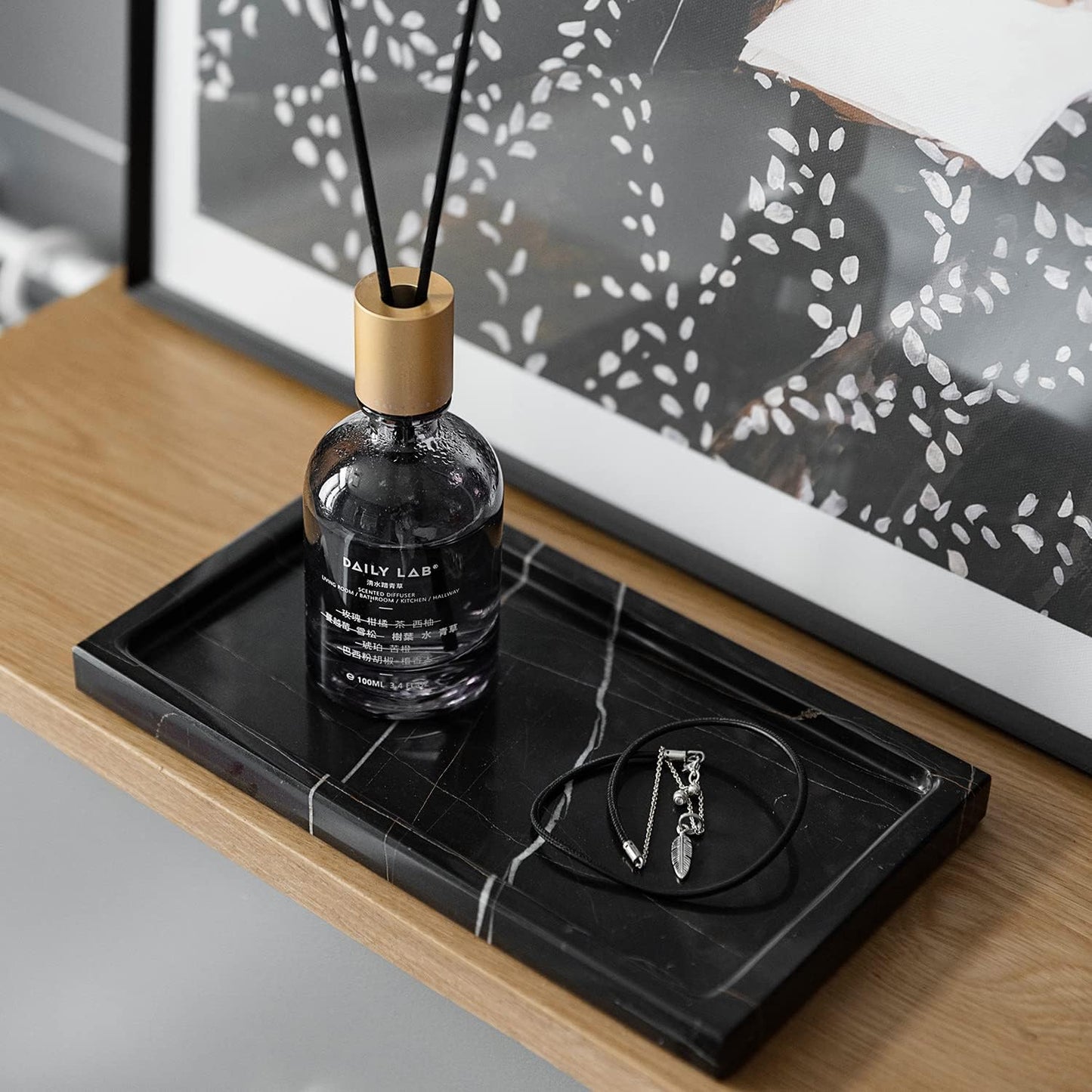 Natural Real Marble Bathroom Vanity Tray Countertop 9'' Makeup Organizer for Dresser, Guest Towel Holder Tray Napkin Holder for Bathroom (Black)