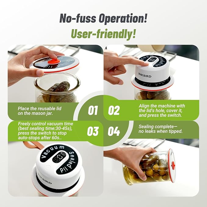 INKBIRD 2025 Upgrade 3-in-1 Electric Mason Jar Vacuum Sealer Kit for Wide/Regular Mouth Canning Jars & Bags, Wireless Portable & Automatic Jar Sealer with Reusable Mason Jar Lids*4, 100 Cycles, Gift