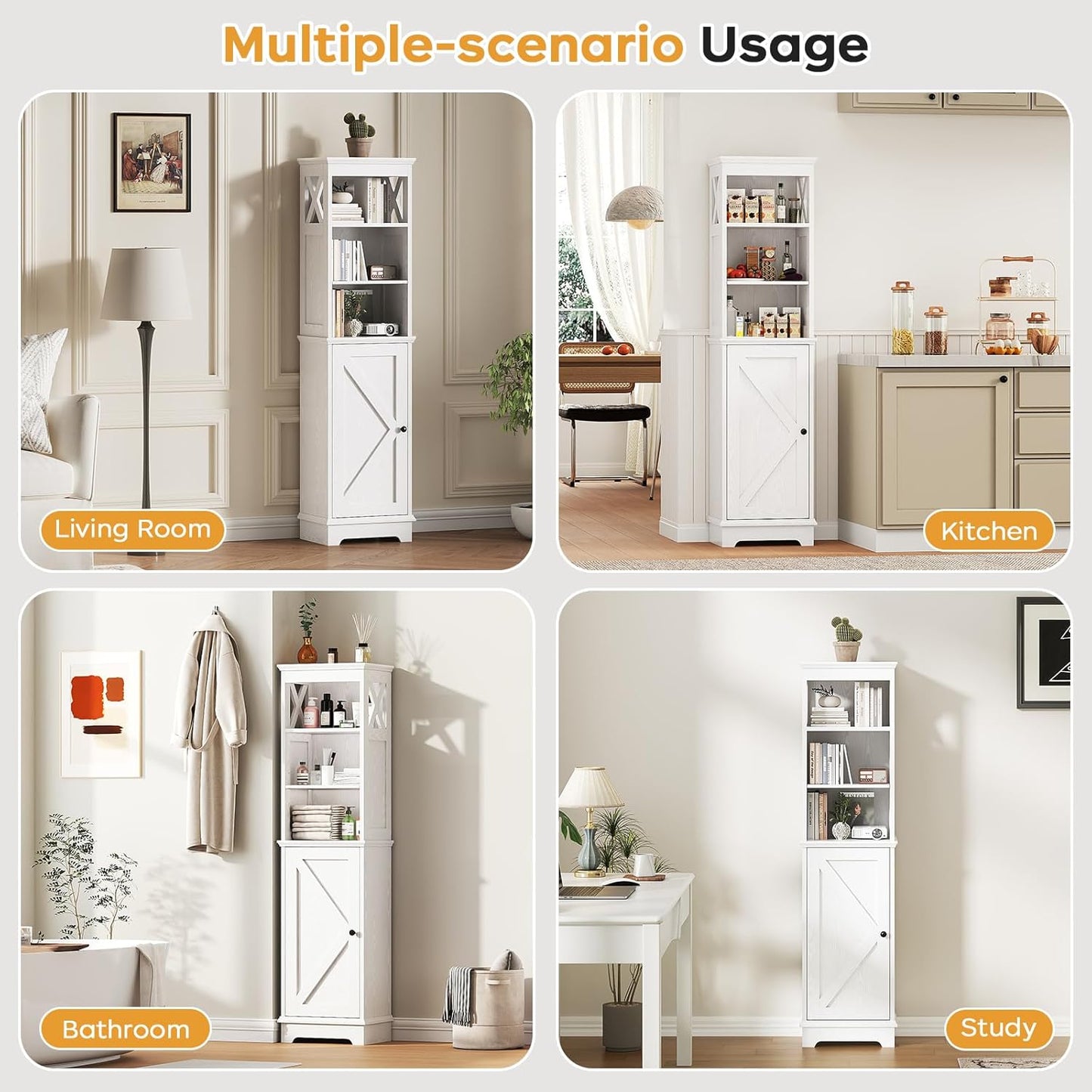 Tall Bathroom Storage Cabinet with Door and Open Adjustable Shelves, 60.9" H Wooden Tower Corner Narrow Farmhouse Cabinet, Freestanding Organizer for Kitchen, Entryway White