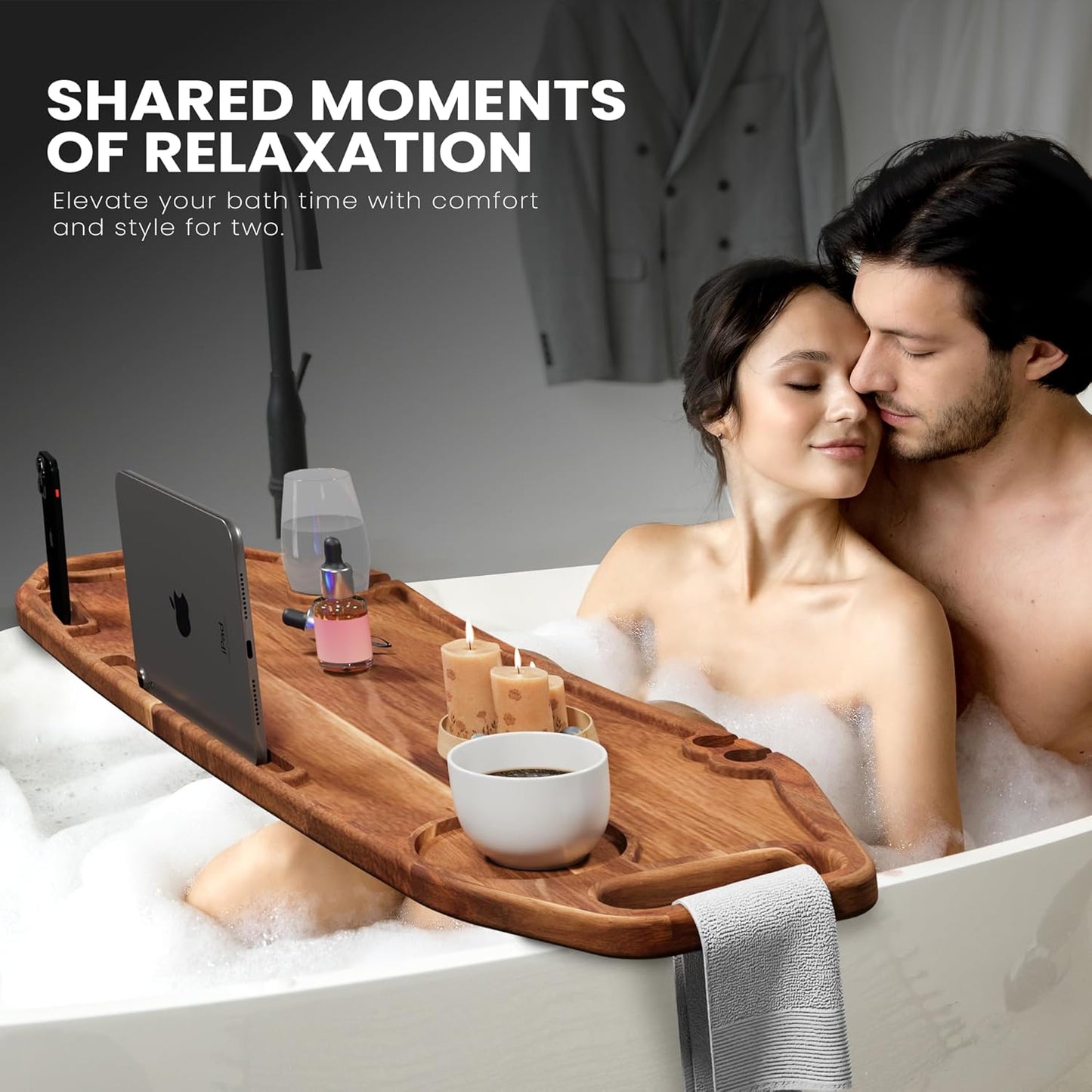 Lush & Style Premium Bathtub Tray Large & Thick 35” x 10``, Acacia Wood Luxury, Waterproof, Non-Toxic, Adjustable Legs, No Tools Required,Caddy Tray, Luxury Bath Accessories