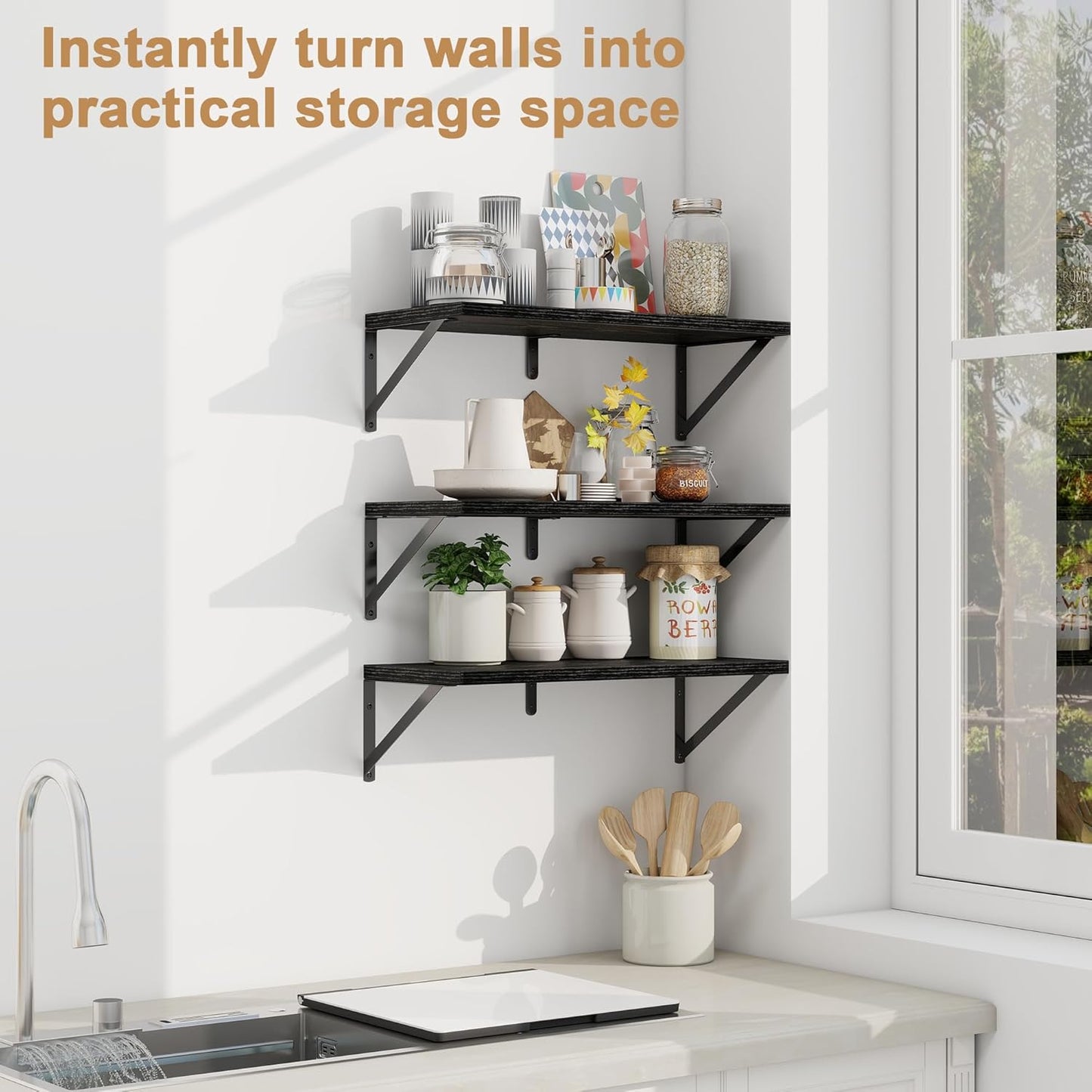 Fun Memories Floating Bookshelves, Set of 3 Wall-Mounted Wood Shelves 24" W x 8" D, Decorative Wall Shelf for Living Room, Bedroom, Bathroom, and Laundry Room (Black)