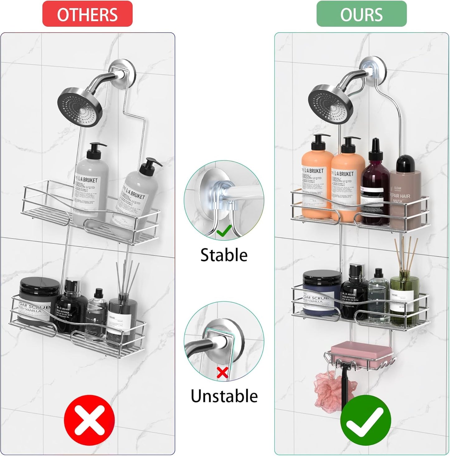 Over the Shower Head Caddy - 3 Tier Shower Caddy Hanging, Rustproof, Bathroom Rack Organizer With Hooks, Razor&Soap Holder, Brushed Nickel