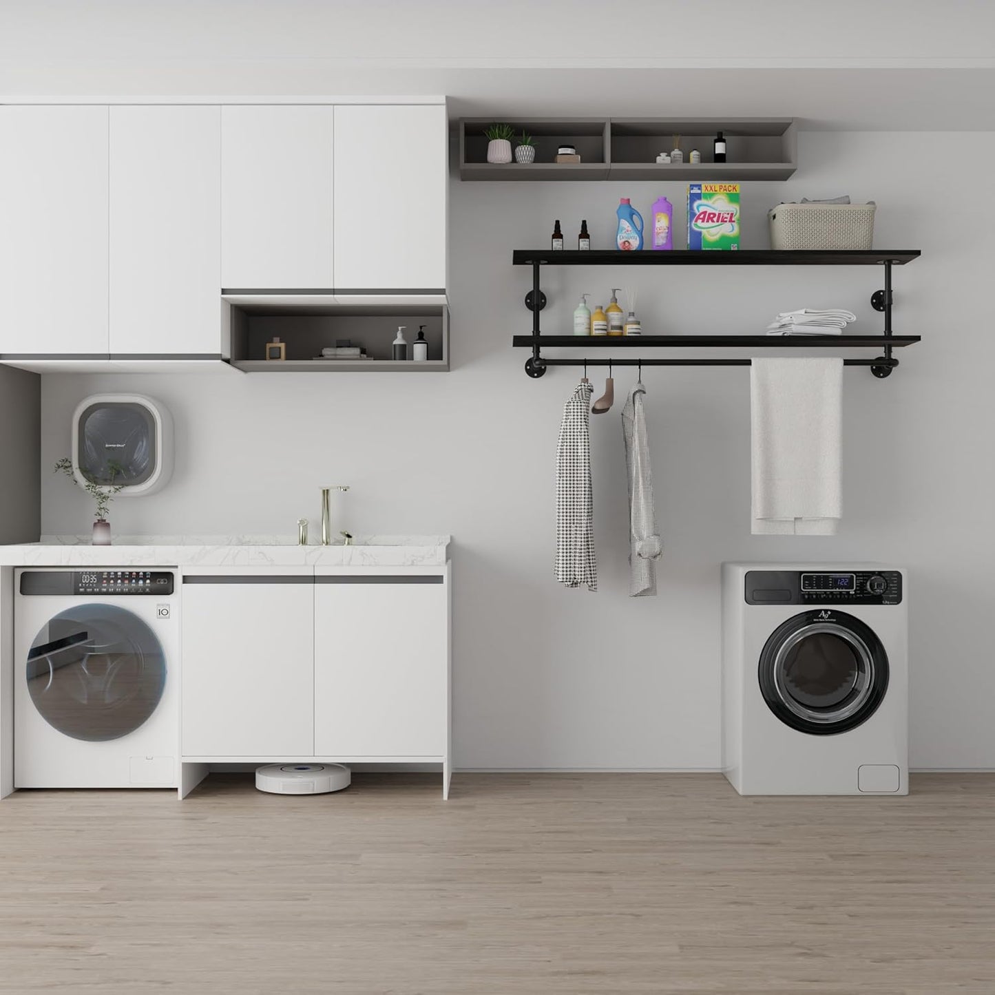 Black Clothes Rack 60in, 2-Tier Wall Mounted Garment Rack with Real Wood Shelf, Heavy Duty Hanging Clothes Rack, Multi-Purpose Hanging Rod, Space-Saving Closet Storage