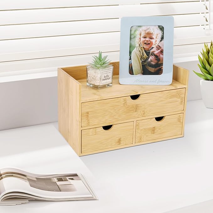 Bamboo Desk Organizer 3 Drawer with Shelf, Countertop Organizer with Drawers Makeup Storage Drawer 3 Drawers Tabletop Storage Organization Box Home Office Workspace