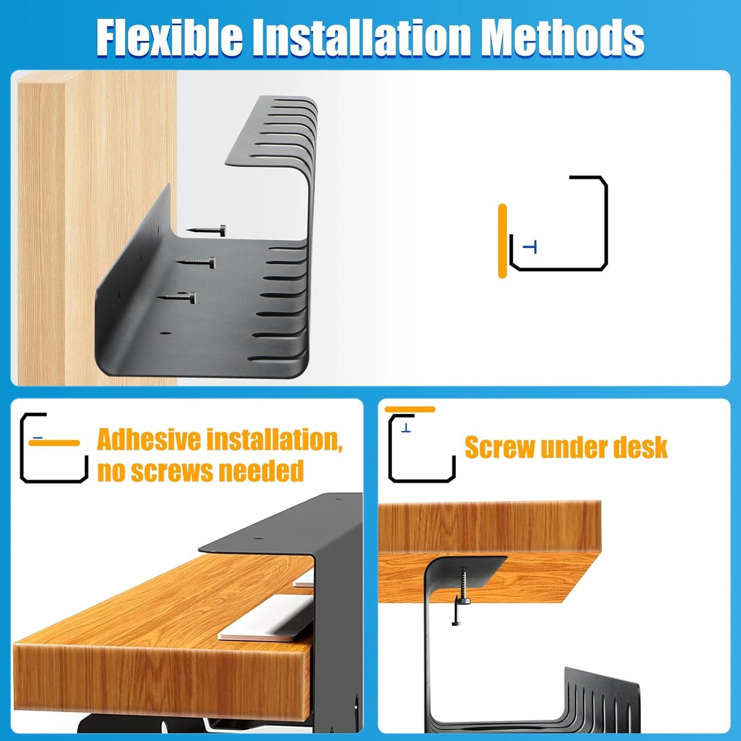 Under Desk Cable Management, 2 Pack 17" Cable Tray Organizer, No Drill or Screw Mount, Standing Desk Cable Management, Cord Organizer, Black